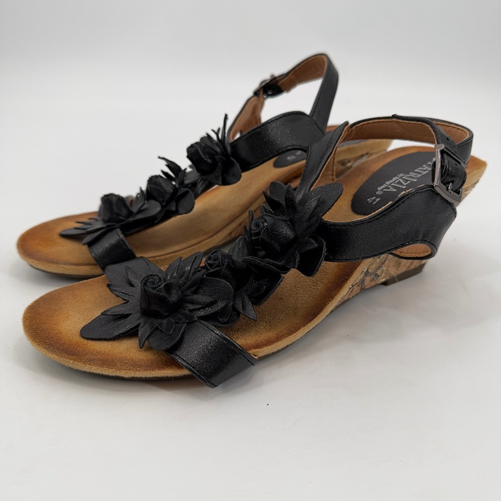 Patrizia by Spring Step Black Floral Wedge Sandals Embroidered Cork Heel 41 Boho